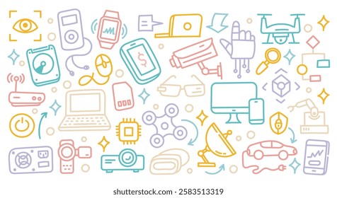 Colorful Technology Doodle Icons – Hand-Drawn Digital Devices, Gadgets, and Internet Symbols Vector Illustration