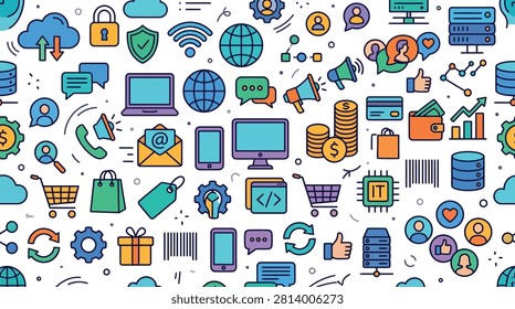 Colorful technology icon pattern featuring computers, mobile devices, internet, networking, coding, and communication symbols.