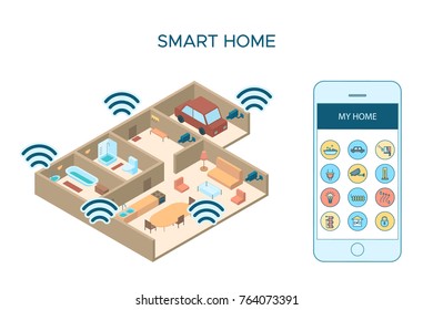 Colorful technology smart house template with remote mobile control of some settings vector illustration