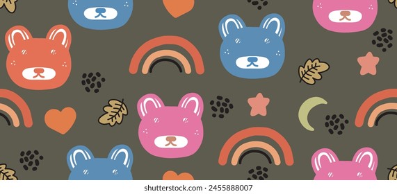 Bunter Teddybär mit niedlichem Gesicht auf Polka-Punkt-Textur gezeichnet, dunkelbrauner nahtloser Muster-Hintergrund