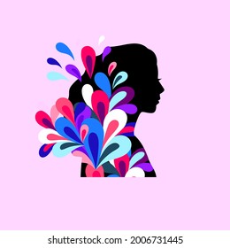 Colorful teenager profile. Color elegant young girl portrait silhouette, colour floral pretty female student person conceptual face, flowers ladies logo design vector illustration