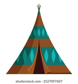 Colorful teepee with a pattern of brown and turquoise diamonds is standing with the entrance open