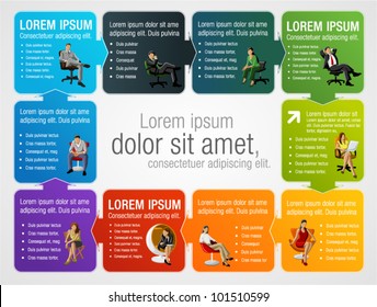 Colorful template for advertising brochure with business people on chair