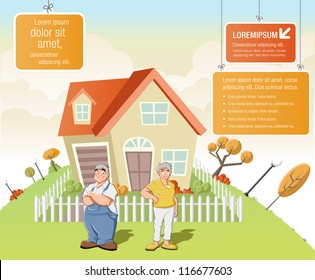 Colorful template for advertising brochure with cartoon old people in front of a house in green park.