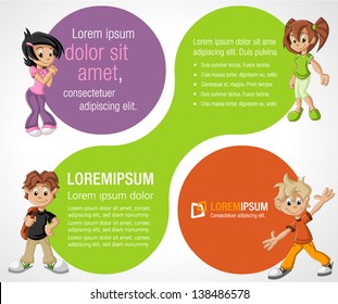 Colorful template for advertising brochure with cartoon children. Teenagers.