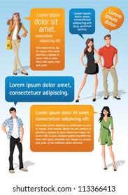 Colorful template for advertising brochure with cool fashion young people and speech balloons. Teenagers.