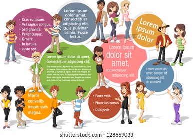 Colorful template for advertising brochure with cool cartoon young people. Teenagers.