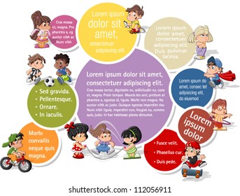 Colorful template for advertising brochure with cute happy cartoon kids playing