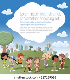 Colorful template for advertising brochure with a group of cute happy cartoon kids  playing in green park on the city