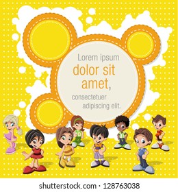 Colorful template for advertising brochure with a group of cute happy cartoon kids