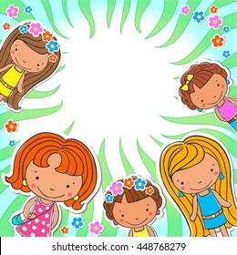 Colorful template for advertising brochure with a group of cute happy cartoon kids playing