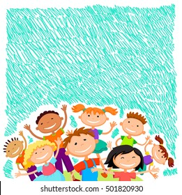 Colorful template for advertising brochure with a group of cute happy cartoon kids playing green background