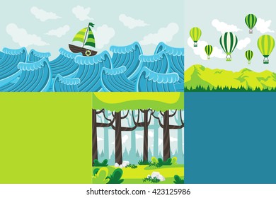 Colorful template for advertising brochure with nature landscape. Forest, sea and mountain.
