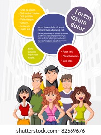 Colorful template for advertising brochure with teenage people on the city