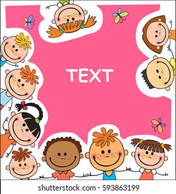 Colorful template for advertising pink brochure with a group of cute happy cartoon kids playing