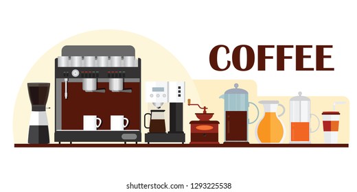 Colorful template for banner design with coffee equipment, coffee machine and coffe flat icons. For restaurant menus, business cards, websites etc vector illustration. 