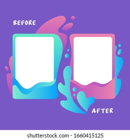 Colorful template before and after surrounded by water splash flat vector illustration. Colored abstract decorative frame with empty place isolated on purple background