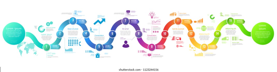 Colorful template business concept timeline arrows. Infographics layout with 15 steps, workflow history with diagram,presentation and graph