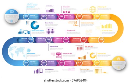 Colorful template business concept timeline arrows. Infographics layout with 15 steps, workflow history with diagram,presentation and graph