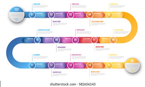 Flechas de línea de tiempo de concepto de negocio de plantilla coloridas. Diseño de infografías con 15 pasos, historial de flujo de trabajo con diagrama, presentación y gráfico