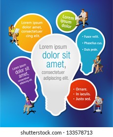 Colorful template with business people on chairs with light bulb ideas