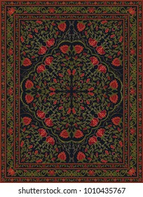 Colorful template for carpet, textile. Oriental abstract ornament. Green and red pattern with frame.