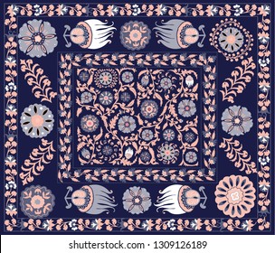 Colorful template for carpet, textile. Oriental floral pattern with fantasy flowers. Uzbek suzani style.