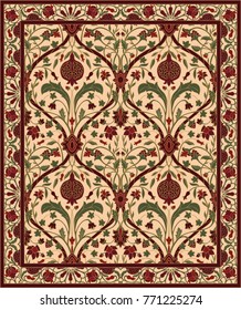 Colorful template for carpet, textile. Oriental floral pattern with pomegranate.
