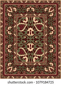 Colorful template for carpet, textile. Red and green oriental floral pattern with frame.