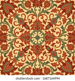 Colorful template for carpet, textile, shawl. Oriental floral pattern with pomegranate. Red and beige vector background. Floral pattern. 