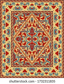 Colorful template for carpet, textile, shawl. Blue and red background with damask. Seamless symbolic ornament with a snakes. floral pattern with frame. 