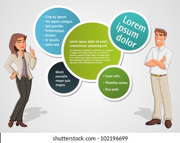 Colorful template with cartoon business man and woman. Presentation screen.