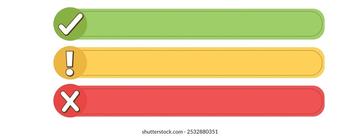 Plantilla colorida con marca de verificación, signo de exclamación y símbolos cruzados para información, instrucciones, descripción de la respuesta, celdas sobre fondo blanco. Conjunto de marca de verificación plana, redonda, signo de exclamación