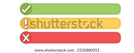 Colorful template with check mark, exclamation point, and cross symbols for information, instructions, answer description, cells on white background. Set of flat, round check mark, exclamation point