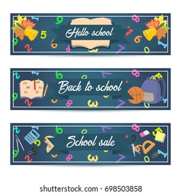 Colorful template design vertical school promo offer cards. Vector illustration on white background.