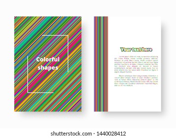 A colorful template with geometric patterns of multicolor stripes for the design of cards. Vector illustration with blue, green, yellow, orange, pink lines.
