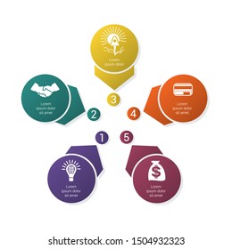 Colorful template for infographics from arrows and circles with shadow, arranged in circle, for 5 positions