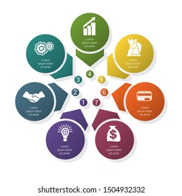 Colorful template for infographics from arrows and circles with shadow, arranged in circle, for 7 positions