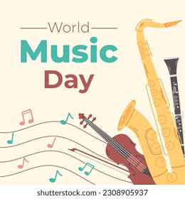 Plantilla colorida con instrumentos musicales para el día mundial de la música. Cartel cuadrado para el evento. Ilustración vectorial plana.
