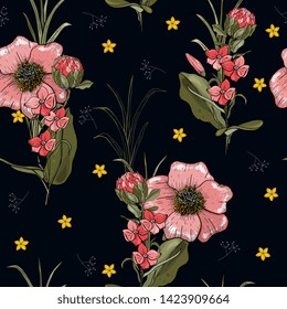Farbige Vorlage auf dunklem Hintergrund. Handgezeichnete Blätter, Gänseblümchen und Proteflorentextur.Nahtlose Blumenmuster. tropischer geometrischer Vektor-Ausdruck