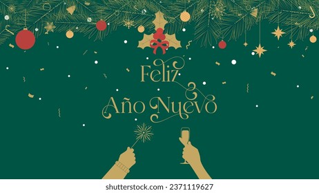 Colorful template in Spanish to celebrate and start a Happy New Year with gold ornaments and eye-catching decorative elements. 