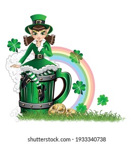 Colorful template for St. Patrick's Day card, poster or invitation with rainbow, gold and gnome isolated on white background.