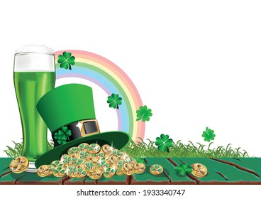 Colorful template for St. Patrick's Day card, poster or invitation with rainbow, gold and gnome isolated on white background.