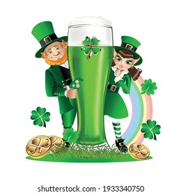 Colorful template for St. Patrick's Day card, poster or invitation with rainbow, gold and gnome isolated on white background.