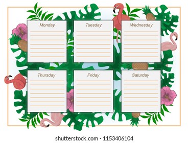 Colorful template of timetable for school for six days, decorated with flamingos, palm leaves, flowers and pineapples. EPS10