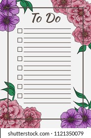 Colorful template of "To do list" decorated with peonies and wildflowers.