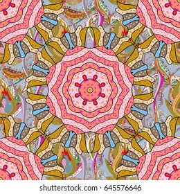 Colorful template. Vector illustration. Royal retro on blue background. Design vintage for card, wallpaper, wrapping, textile. Floral classic texture. Seamless pattern colorful elements.