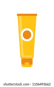 Colorful template of vial, vector illustration isolated on white backdrop, yellow bottle with orange round label, circled lid, lot of reflections