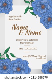 Colorful template for wedding day with blue peonies.