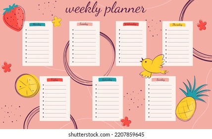 colorful template for weekly planner pink colors with vivid fruits and birds 